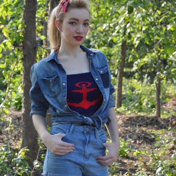 USA American flag denim blue jean button up shirt - Picture 4 of 5